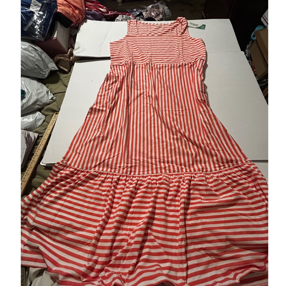 Lands End Womens 1X Coral White Striped Tiered Sleeveless Maxi Tank Dress NEW